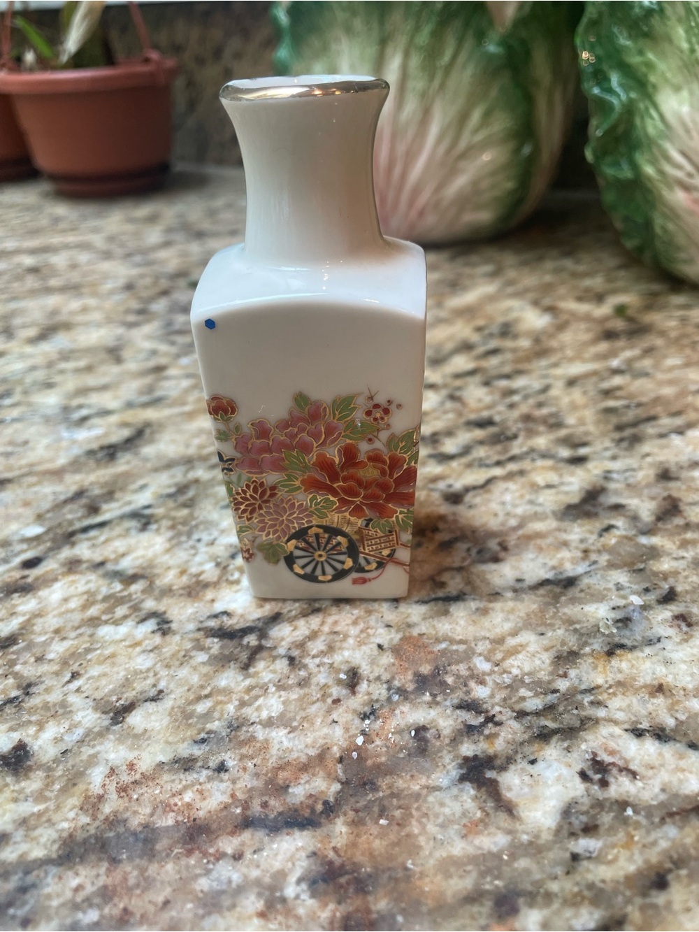 White Ceramic Floral Accent Vase with Orange and Green Motif
